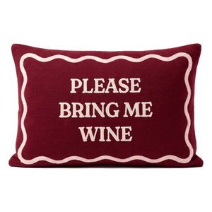 Please Bring Me Wine needlepoint cushion, front – The Pillow Drop