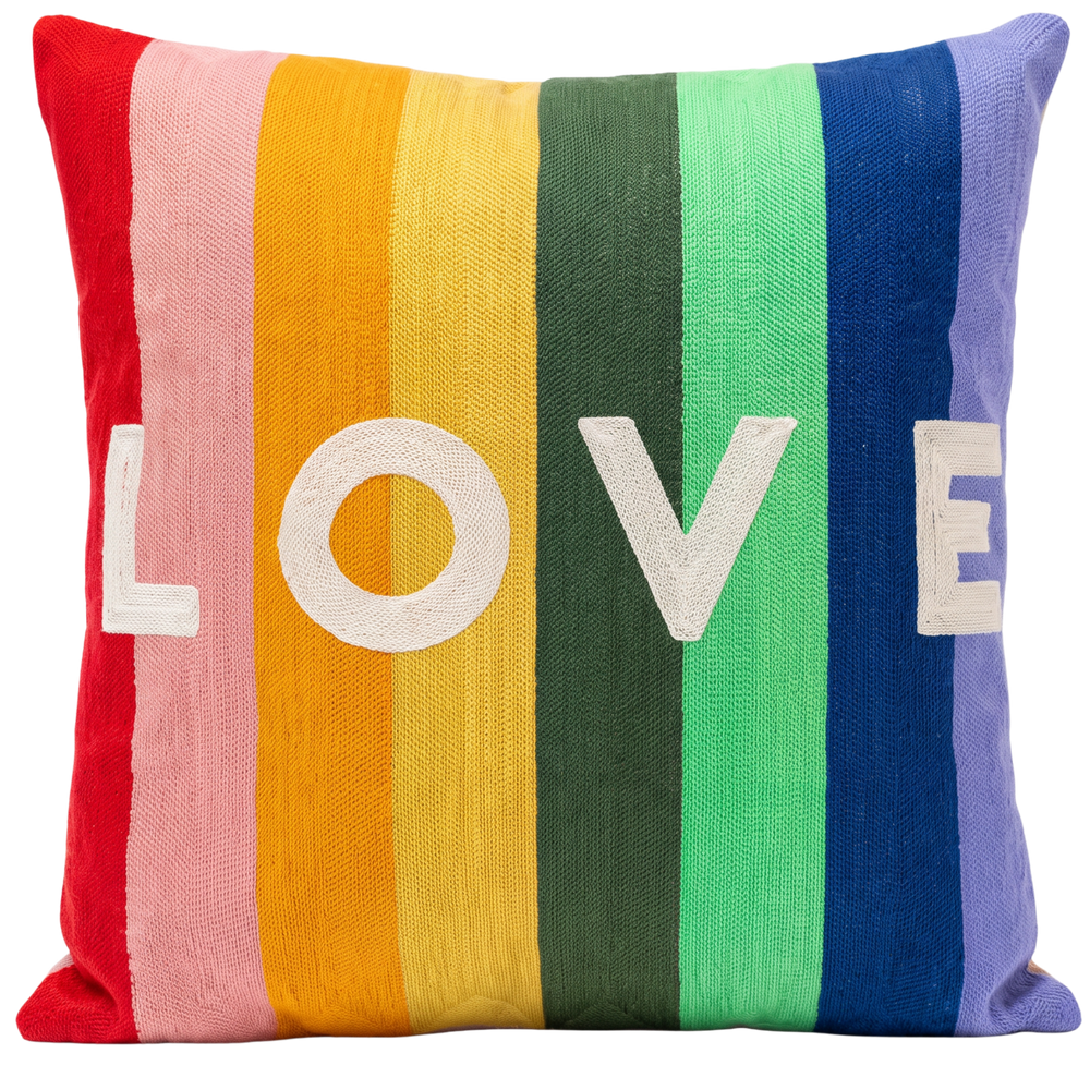 Rainbow LOVE needlepoint cushion by The Pillow Drop