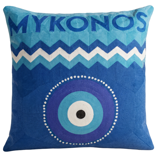 Mykonos Evil Eye needlepoint cushion by The Pillow Drop