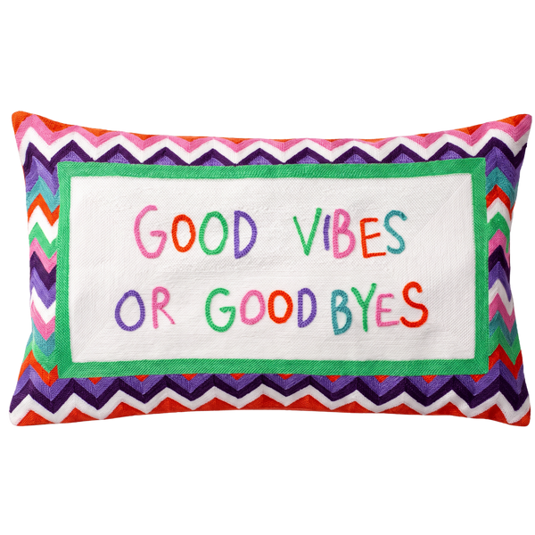 Good Vibes or Good Byes needlepoint cushion by The Pillow Drop