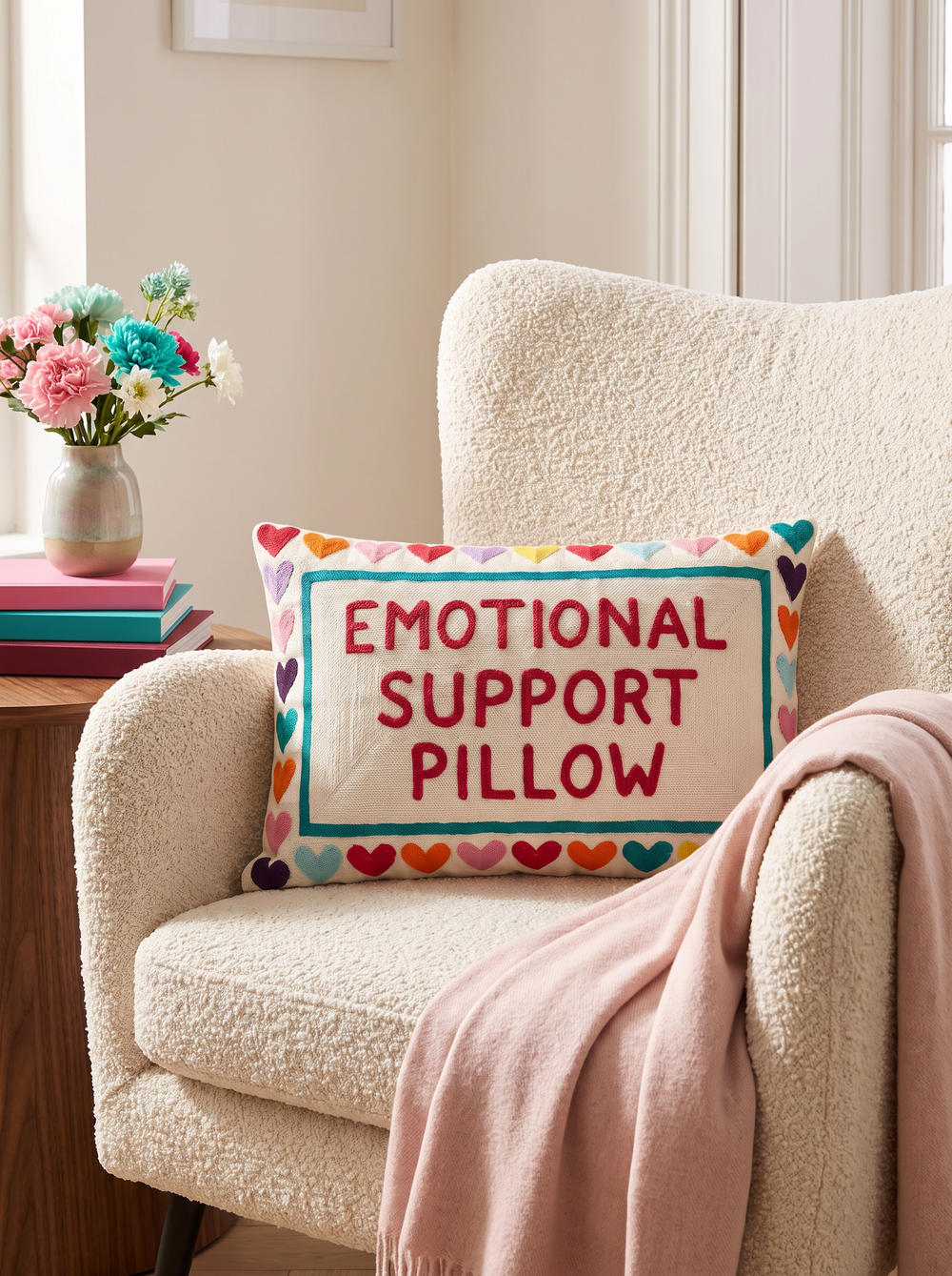 Emotional Support Pillow needlepoint cushion styled at home