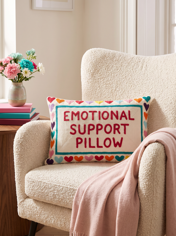 Emotional Support Pillow needlepoint cushion styled at home