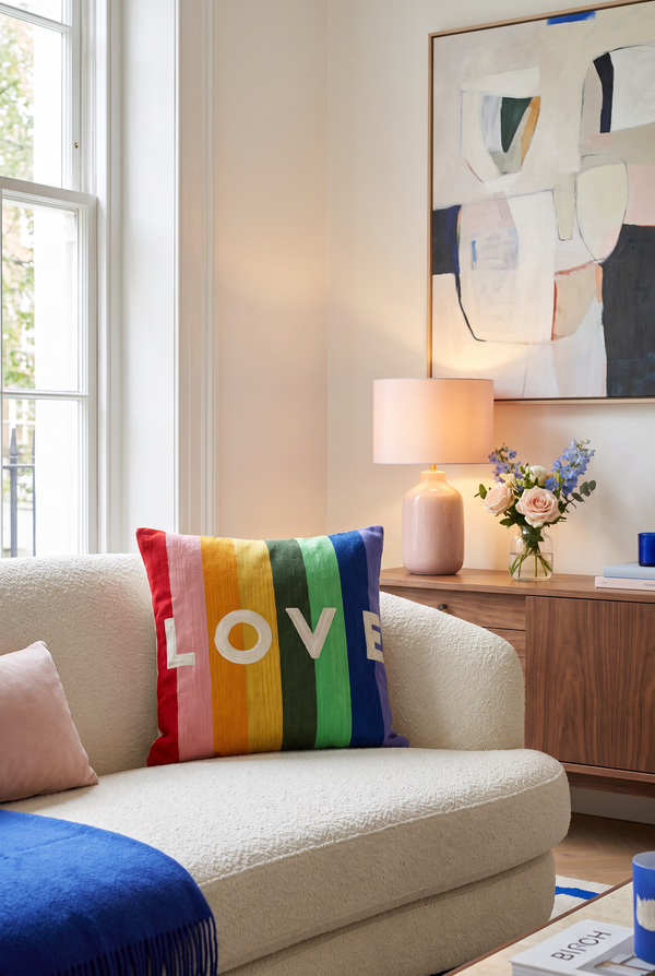 Rainbow LOVE needlepoint cushion, alternate view