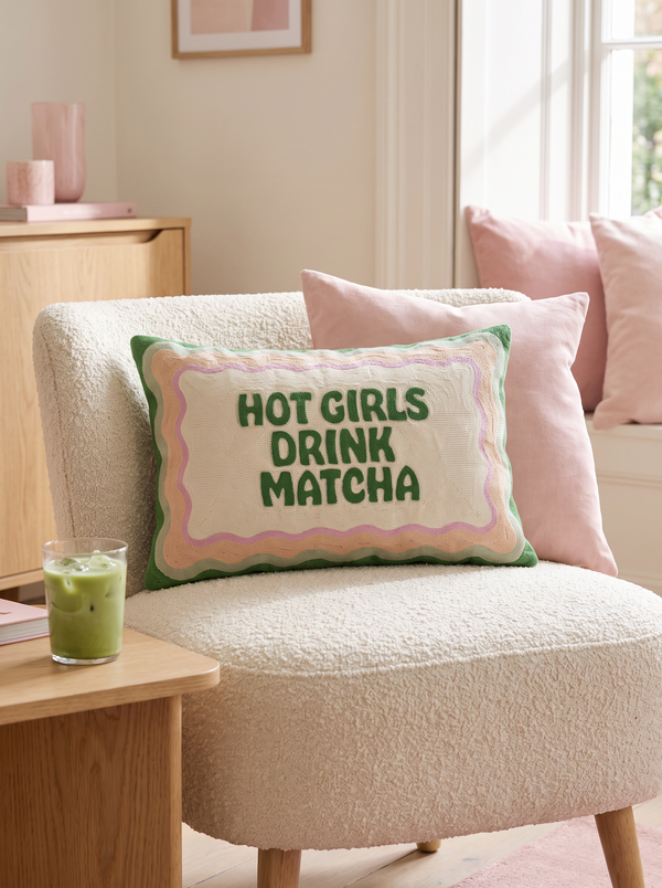 Hot Girls Drink Matcha needlepoint cushion styled at home