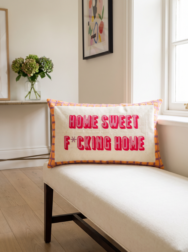Home Sweet F*cking Home needlepoint cushion at home