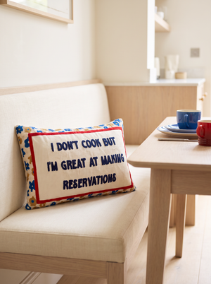 I Don't Cook But I'm Great At Making Reservations needlepoint cushion, alternate view