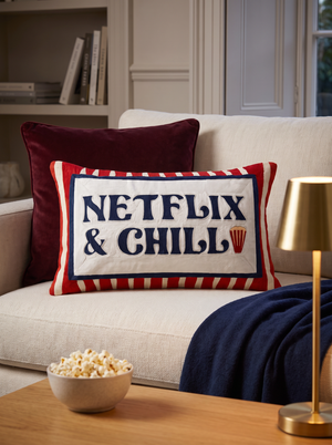 Netflix and Chill needlepoint cushion, alternate view