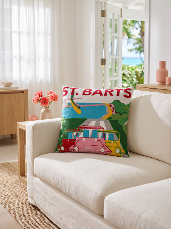 St. Barts Tropical needlepoint cushion styled at home