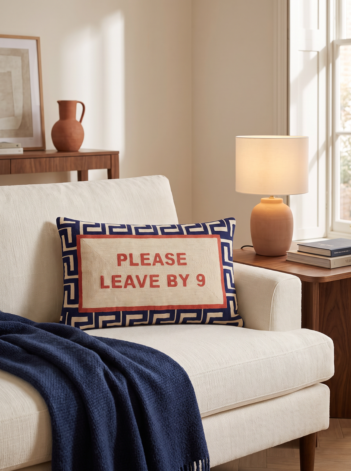 Please Leave By 9 needlepoint cushion by The Pillow Drop