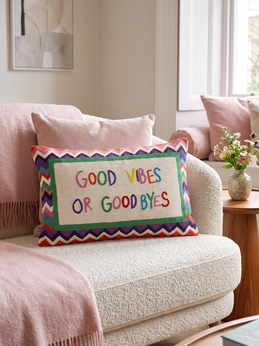Good Vibes or Good Byes needlepoint cushion by The Pillow Drop