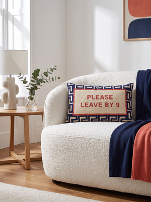 Please Leave By 9 needlepoint cushion, styled view