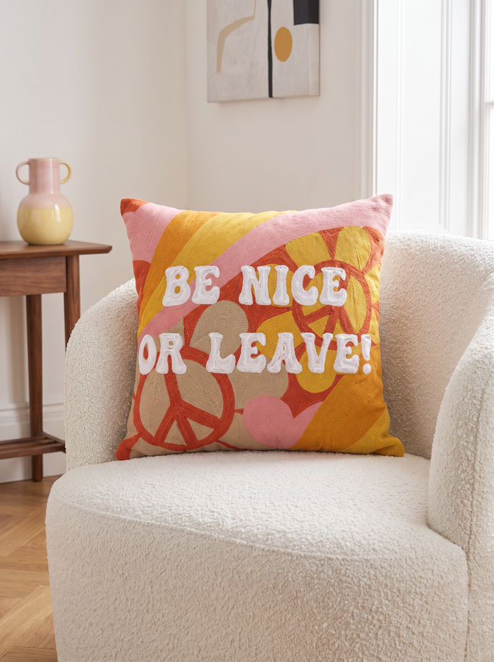 Be Nice or Leave needlepoint cushion at home