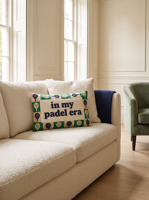 In My Padel Era needlepoint cushion styled at home