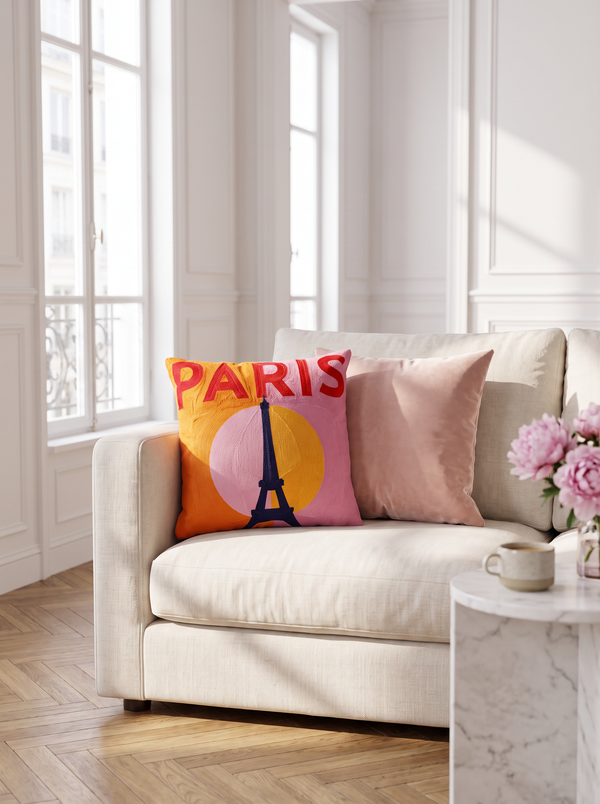 Paris Eiffel Tower needlepoint cushion styled in a bright Parisian apartment