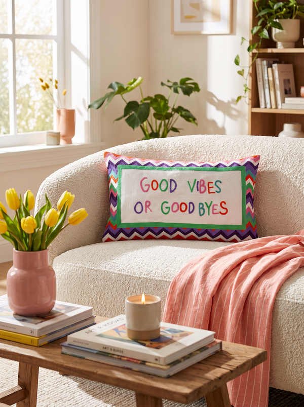 Good Vibes or Good Byes needlepoint cushion styled in a bright living room