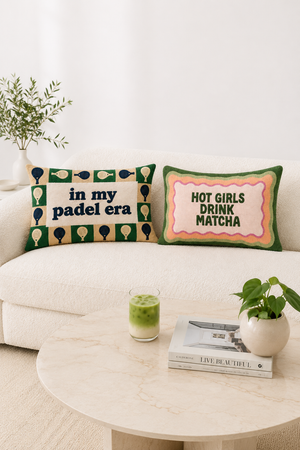 In My Padel Era slogan pillow styled on a sofa for padel lovers