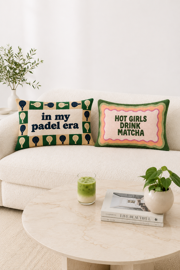 In My Padel Era slogan pillow styled on a sofa for padel lovers