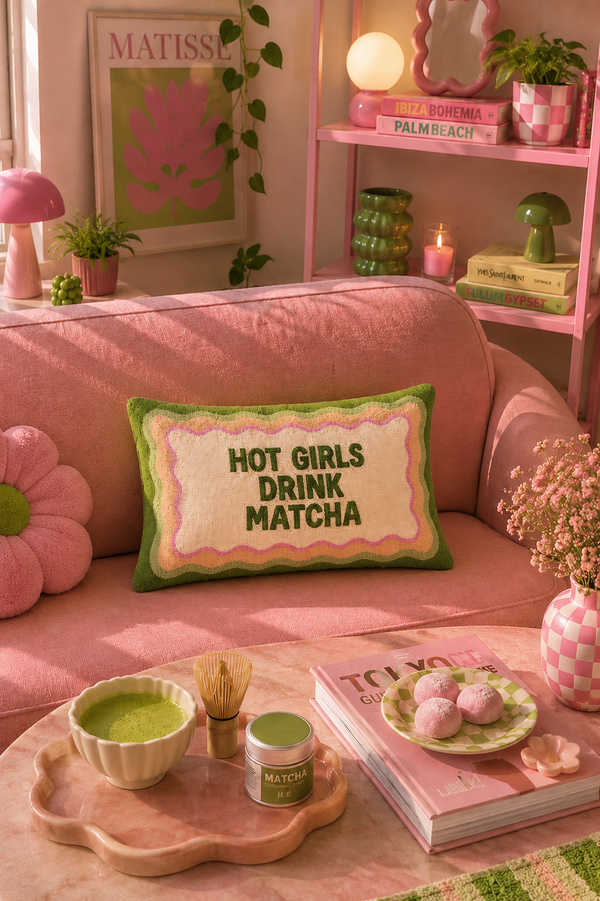 PREORDER Slogan Needlepoint Pillow - Hot Girls Drink Matcha (expected mid/late July)
