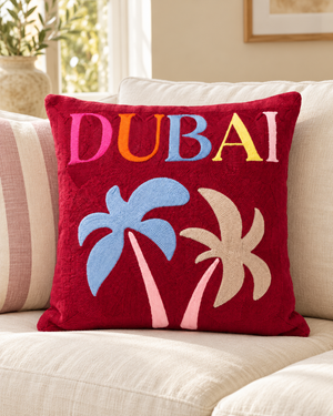 Dubai Palm needlepoint cushion, alternate view