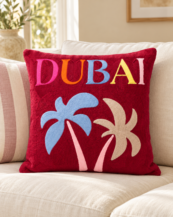 Dubai Palm needlepoint cushion, alternate view