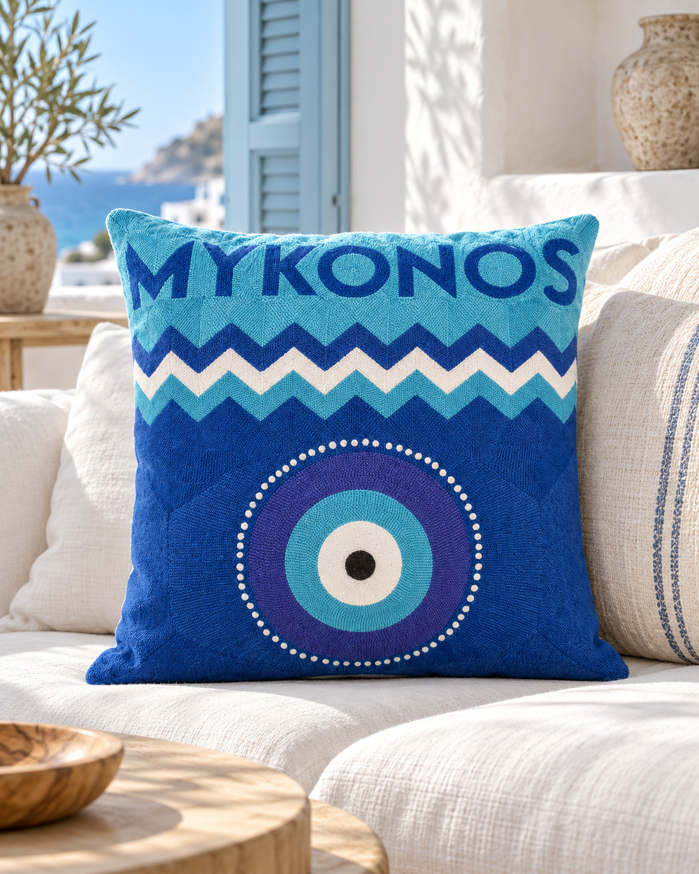 Mykonos Evil Eye needlepoint cushion by The Pillow Drop