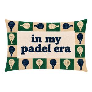 In My Padel Era needlepoint pillow with blue floral design