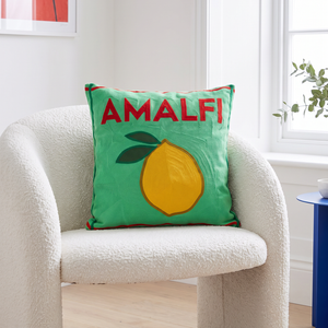 Amalfi Lemon needlepoint cushion styled at home