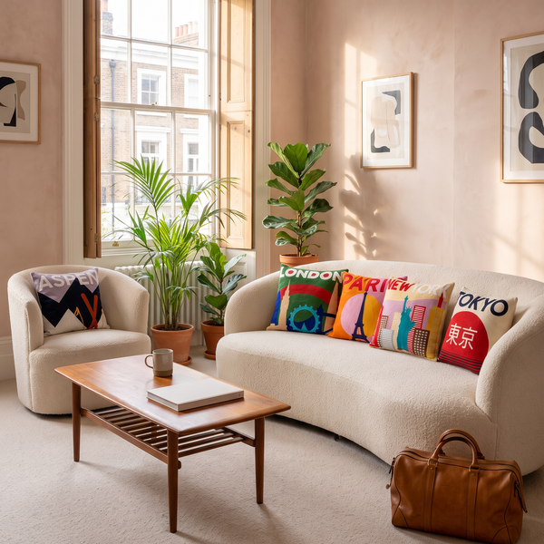 International Pillow Bundle: Paris, Aspen, London, Tokyo and New York needlepoint cushions on a cream sofa
