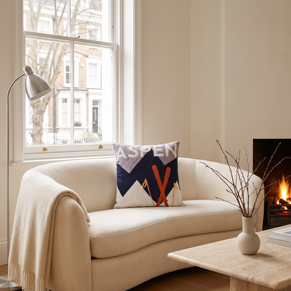 Aspen Ski needlepoint cushion styled at home