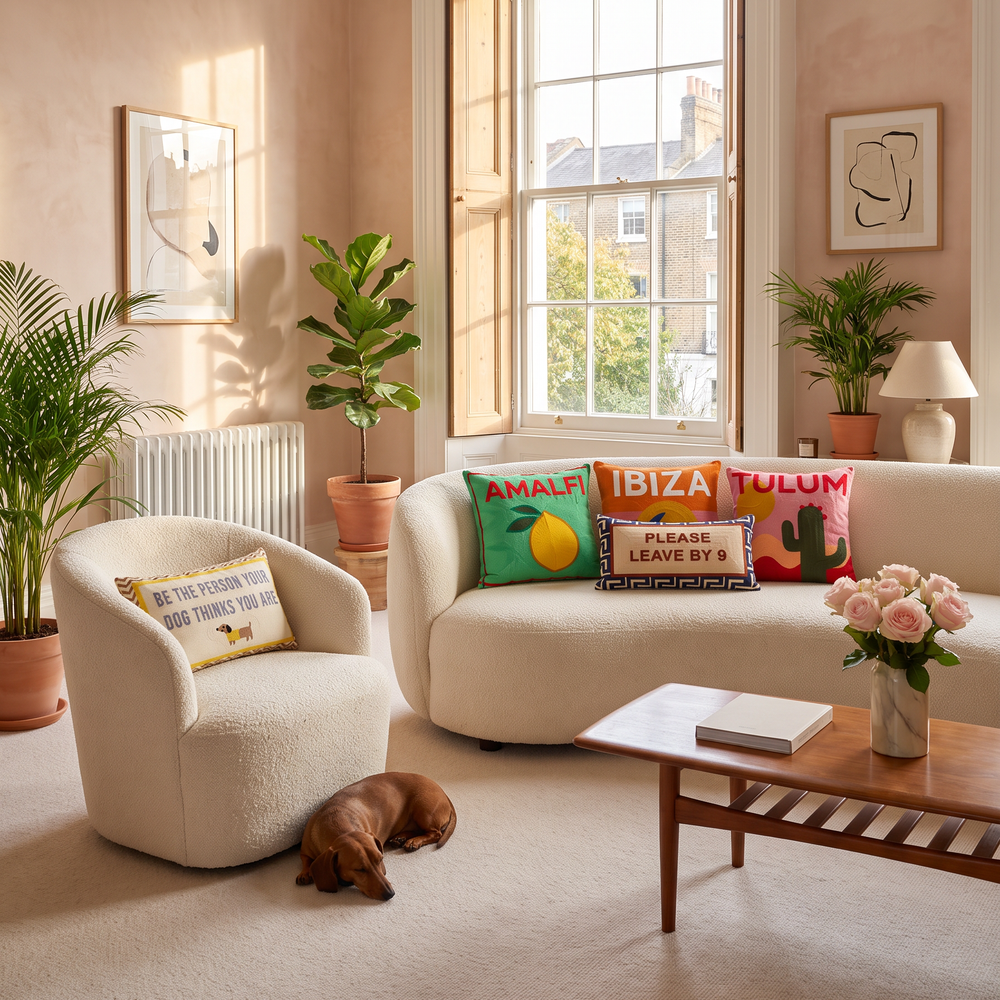 Bestsellers bundle of five needlepoint cushions on a cream boucle sofa and armchair in a bright living room