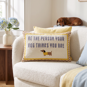 Dog Lover dachshund needlepoint cushion styled at home