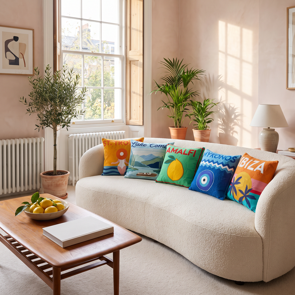 Euro Summer Pillow Bundle: St Tropez, Lake Como, Amalfi, Mykonos and Ibiza needlepoint cushions on a cream bouclé sofa
