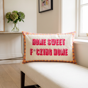 Home Sweet F*cking Home needlepoint cushion styled at home