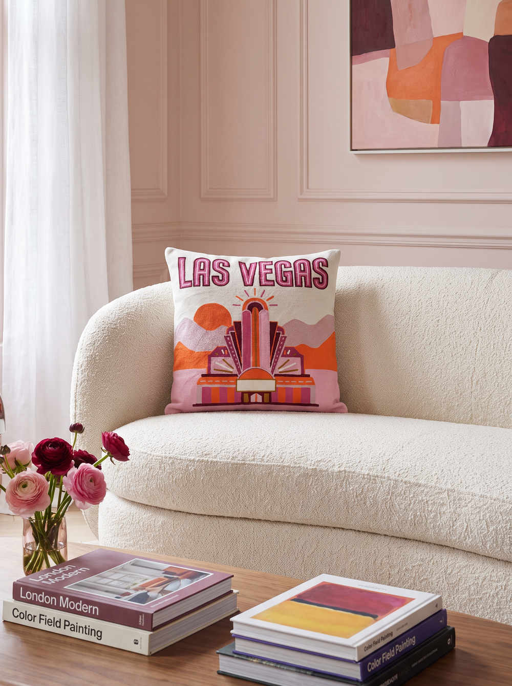Las Vegas needlepoint cushion styled at home