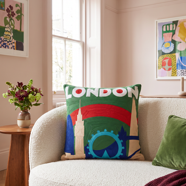 London Skyline needlepoint cushion styled at home