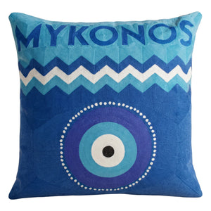 Mykonos Evil Eye needlepoint cushion by The Pillow Drop