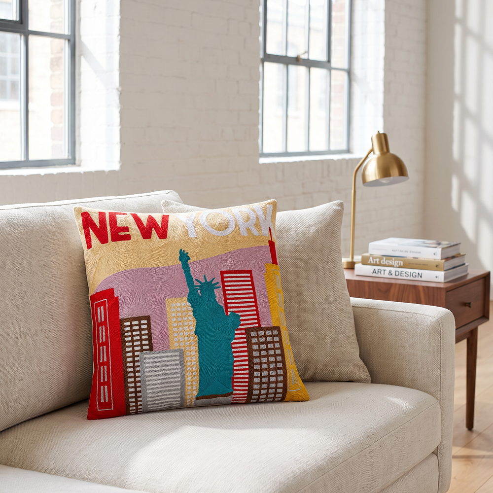 New York City needlepoint cushion styled in a bright loft living room