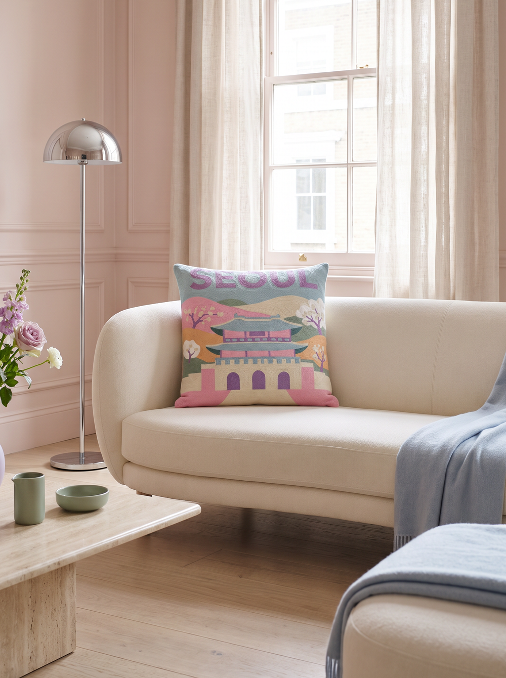 Seoul needlepoint cushion styled at home