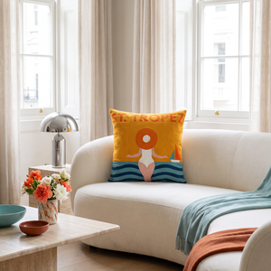 St. Tropez Palm needlepoint cushion styled at home
