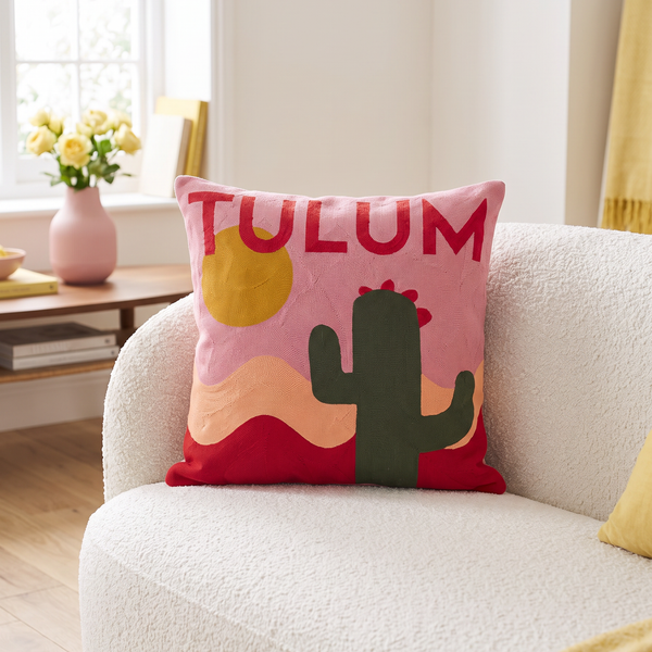 Tulum Cactus needlepoint cushion styled at home